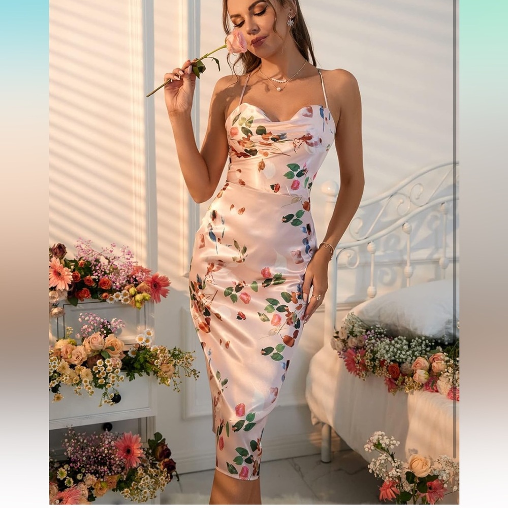 Floerns Women's Floral Print Spaghetti Strap Draped Neck Bodycon Midi Dress